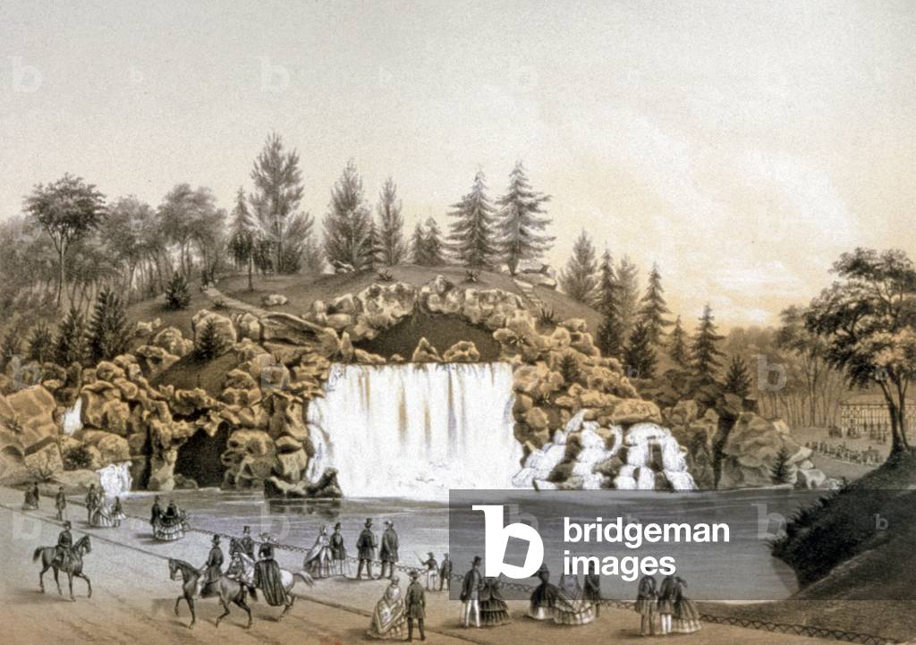 The Bois de Boulogne waterfall, c.1860 (lithograph)