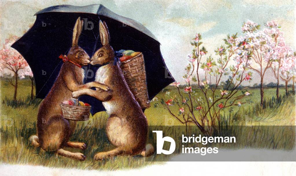 Easter Bunnies under an umbrella, c.1900 (postcard)