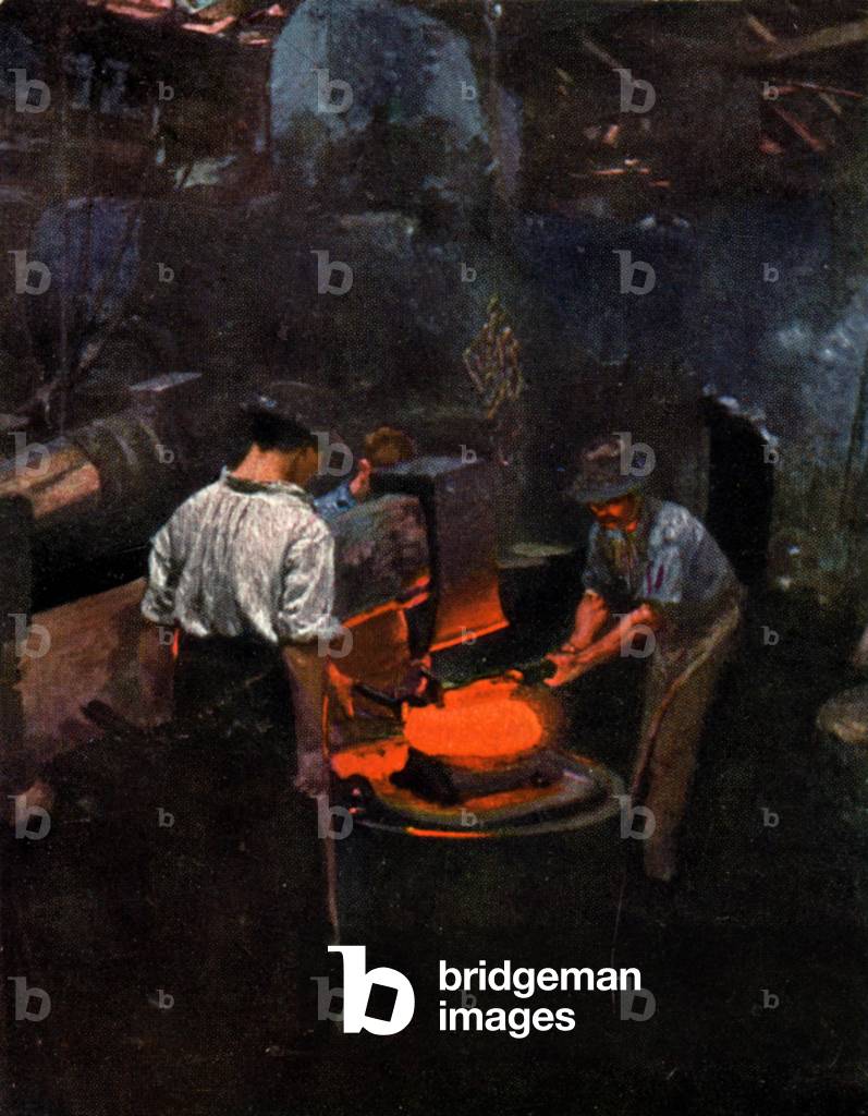 Economy. Workers in a steel mill. Illustration, Hungary, c.1910.