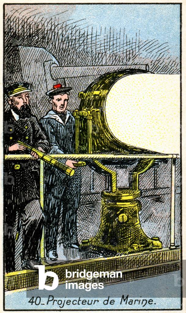Science. Energy. Naval spotlight. Imagery from a series on the Wonder of Electricity, France, c.1910.