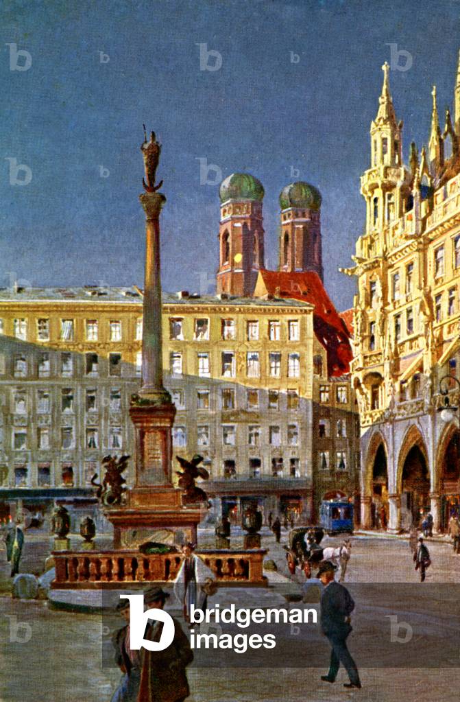 Geography. Germany. Marienplatz in Munchen. Illustration, Germany, 1908 (postcard)