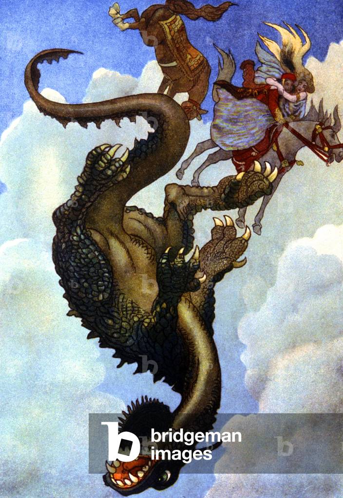 Couple fighting a dragon, c. 1910 (illustration)