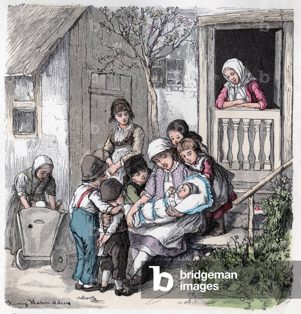 Education. Children life in the countryside. Mother with her children. Engraving 