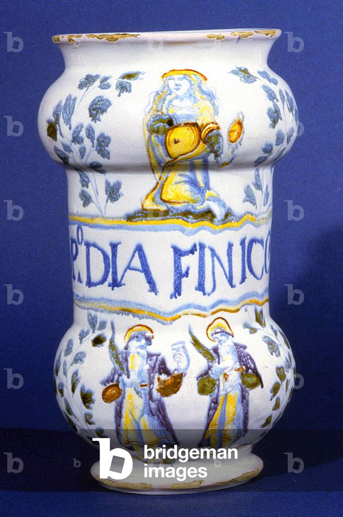 Pharmacy pot with Saint Cosmo et Saint Damian, 17th century (earthenware)