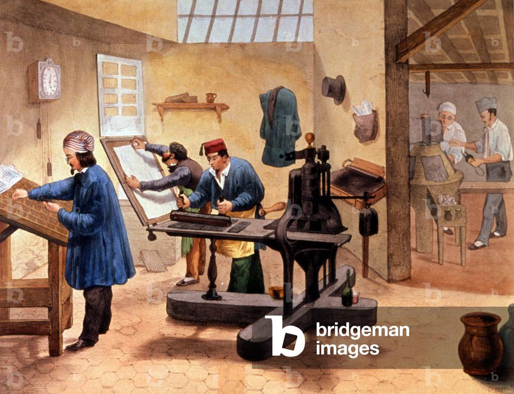 Workshop of a printer, end of the 19th century (illustration)