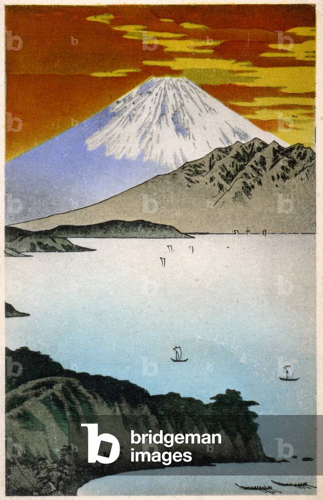 Geography. Japan. Sunrise on Mount Fuji. Woodcut by Hiroshige in: Fifty Three Stations of the Tokaido (1833-1834). Postcard, Japan, c.1900 (postcard)