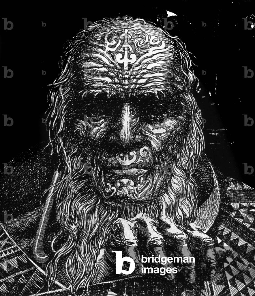 A tottooed Maori Warrior, 19th century (engraving)