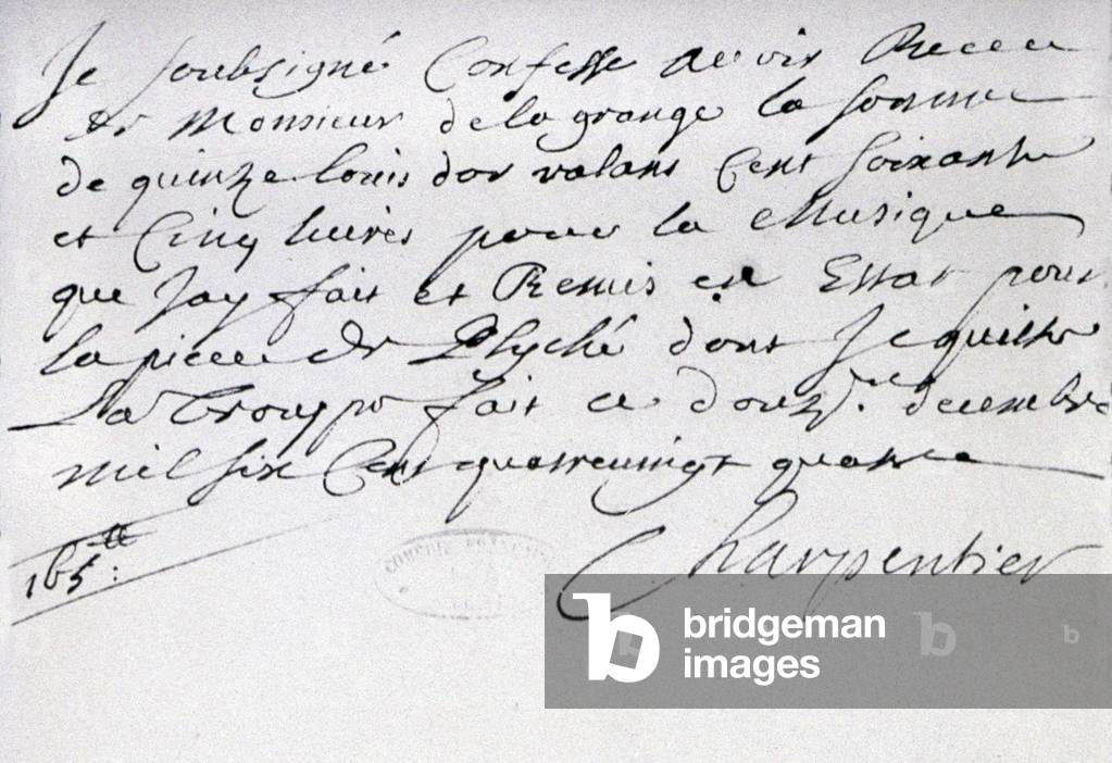 Psyché, manuscript receipt from Charpentier, 1672 (manuscript)