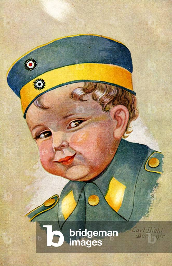 History. Germany. First World War. Child in a military uniform. Illustration by Carl Diehl, Germany, 1915 (postcard)