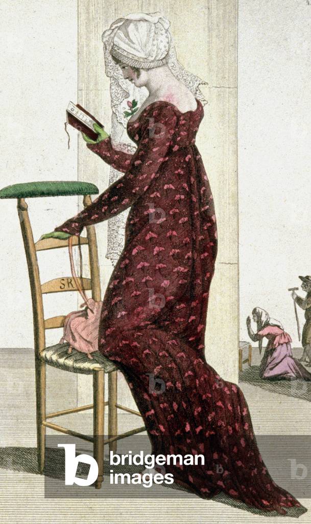 Lady wearing a morning headgear, at the church, c.1800 (engraving)