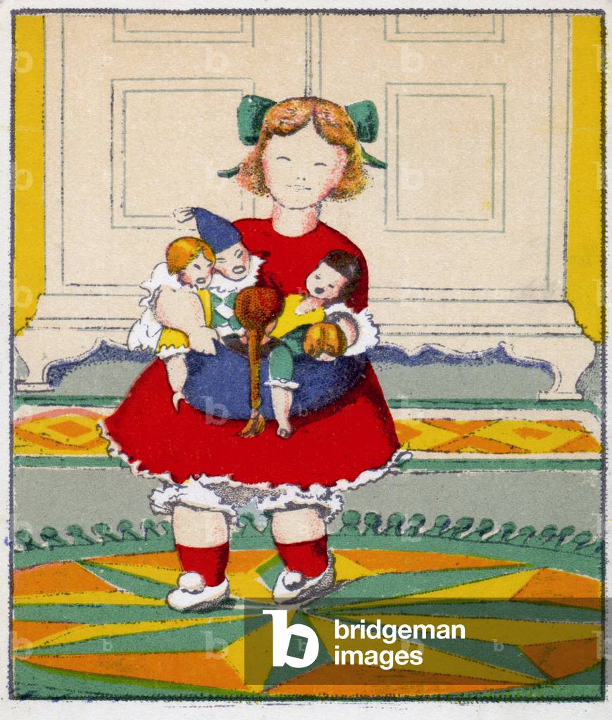 Education. Girl with dolls. Illustration by Lajos Kozma, Hungary, c.1930 (postcard)