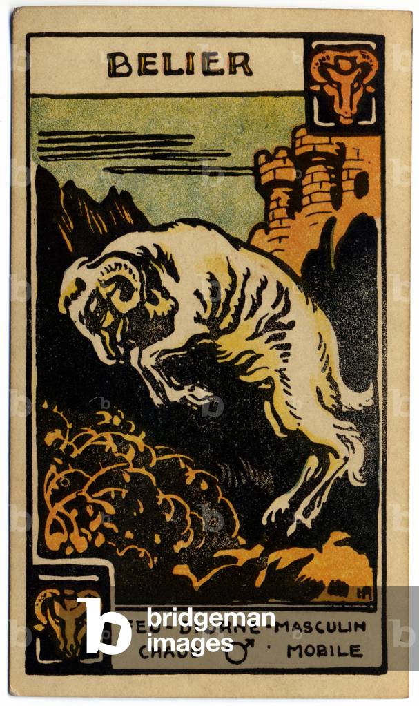 Paranormal. Astrology. Aries (the Ram). Astrologic card from: Le Tarot Astrologique (Astrological Tarot), by Georges Muchery, France, 1927