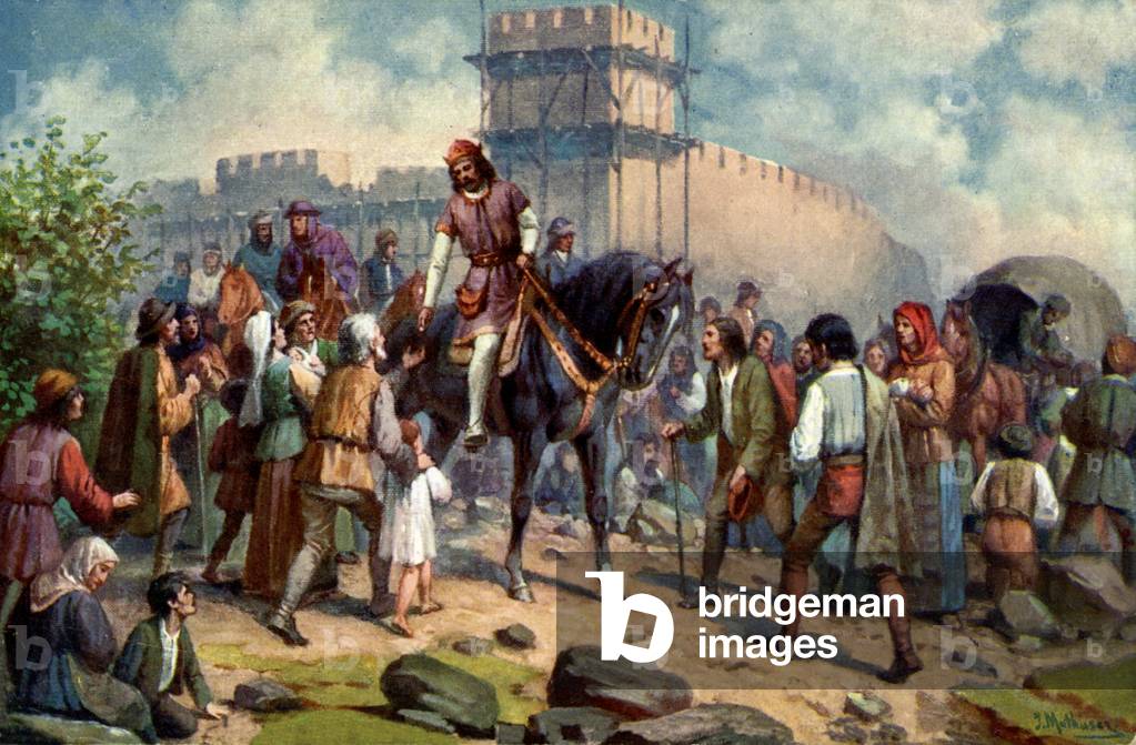 History. Czech Republic. Charles IV, Holy Roman Emperor (Karel IV, king of Bohemia) helps the poors in 1361. Illustration by J. Mathuser, Czechoslovakia, c.1920.