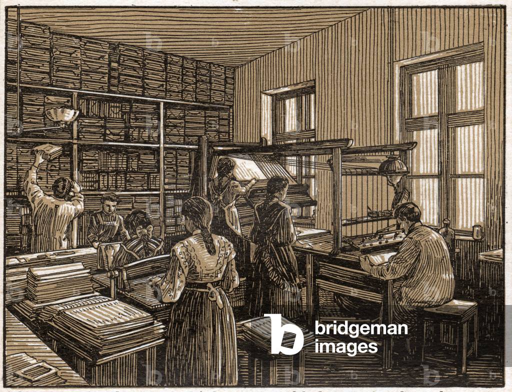 Printing shop in Budapest. (engraving, ca. 1910)