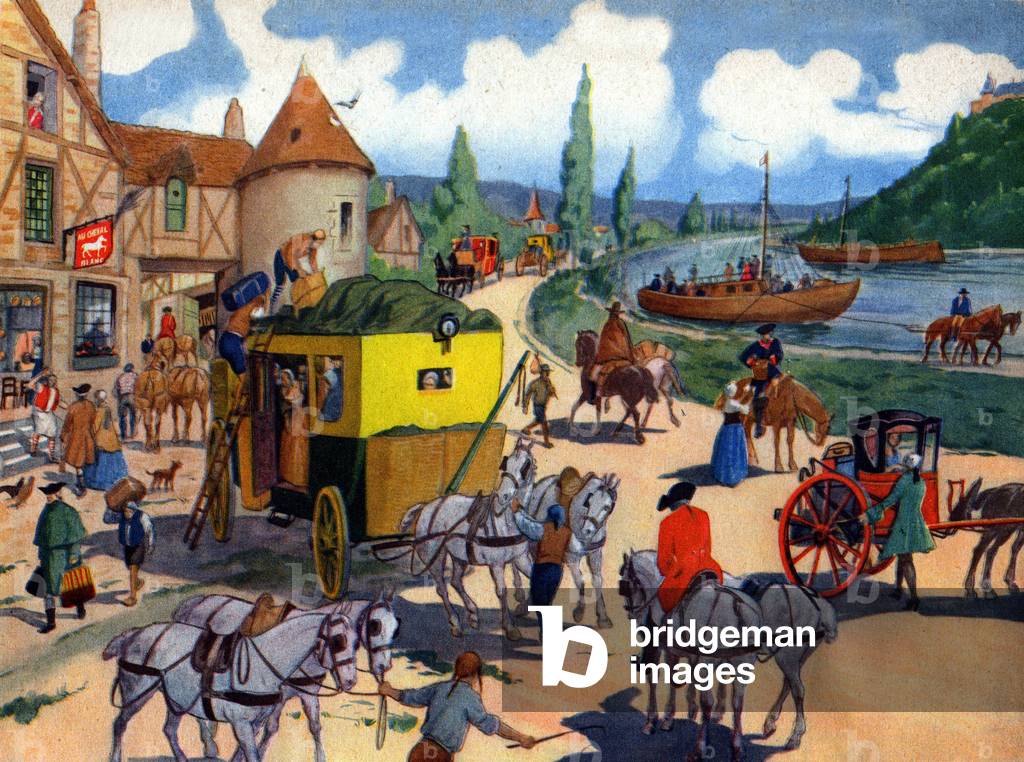 Transports in the 18th century: carriage and horsedrawn, c.1948 (illustration)