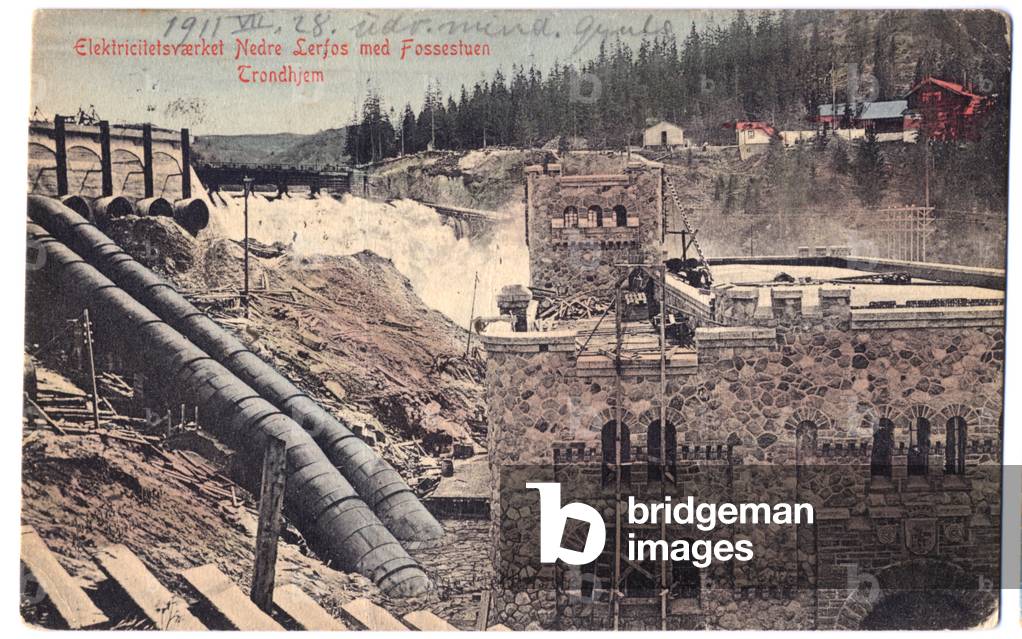 Science. Energy. Hydroelectric dam in Trondheim, Norway. Postcard, Norway, c.1910 (postcard)