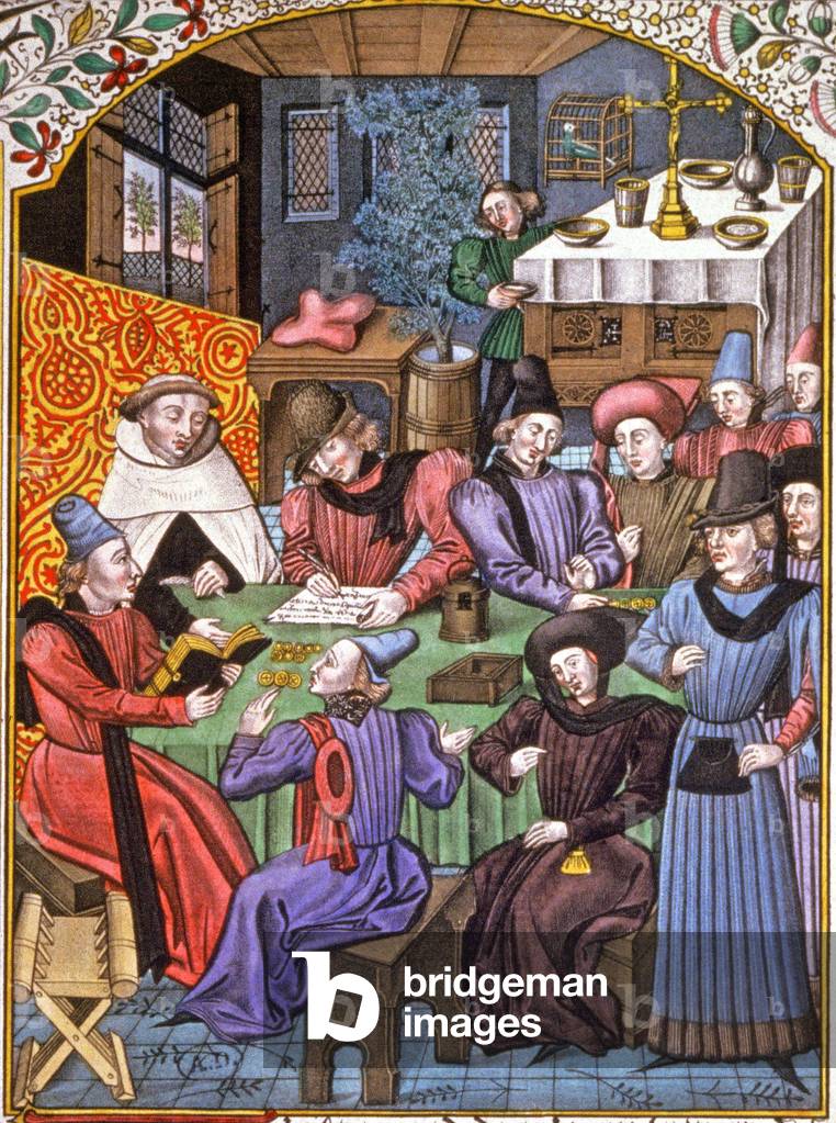 Payment of annuities in the Middle Ages, 15th century (illumination)