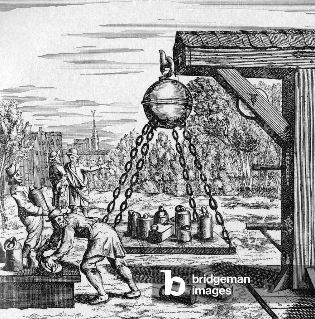 Experimentation on vacuum by Von Guericke, 1672 (engraving)