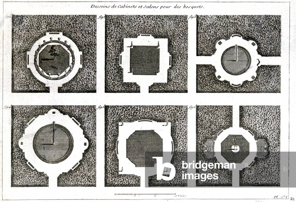 Designs of cabinets and lounges for groves, circa 1830 (engraving)