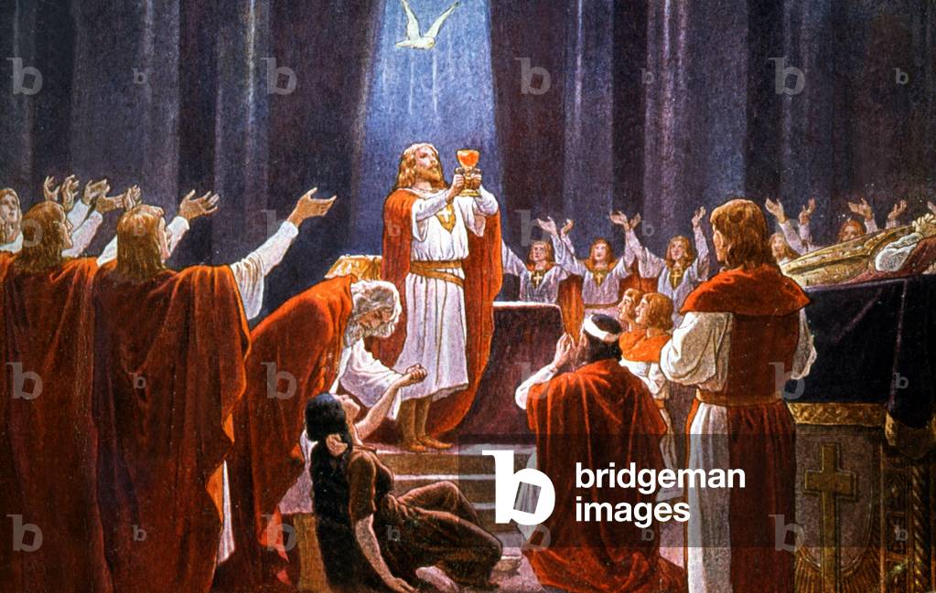 King Amfortas holding Saint Graal (from Parsifal by Wagner), early 20th century (postcard)