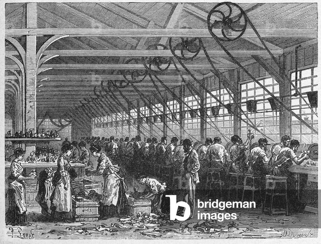 Sciences. Glassmaking. Workshop for polishing the lead crystal, women's labour. Engraving in: Grands hommes et grands faits de l'industrie, France, c.1880 (engraving)