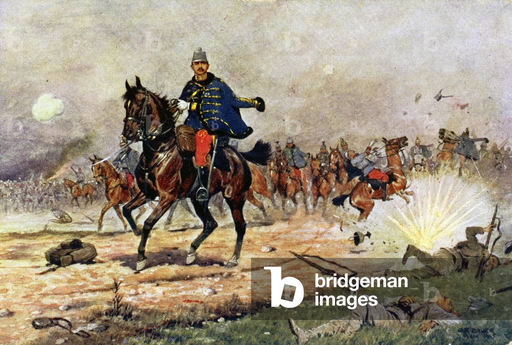 History. Austria. Charles Francis Joseph of Habsburg Lorraine (Charles Ist of Austria) at a battle of World War I. Illustration, Hungary, c.1914. (postcard)