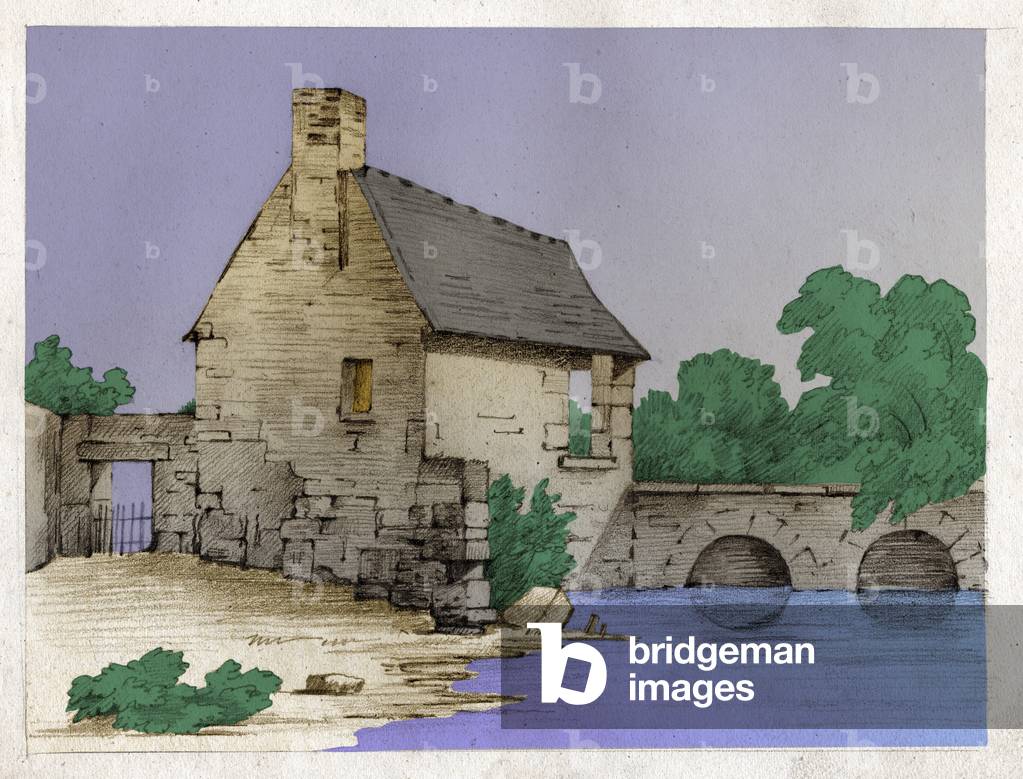 Peasant house on the edge of a river. (Drawing, circa 1830)