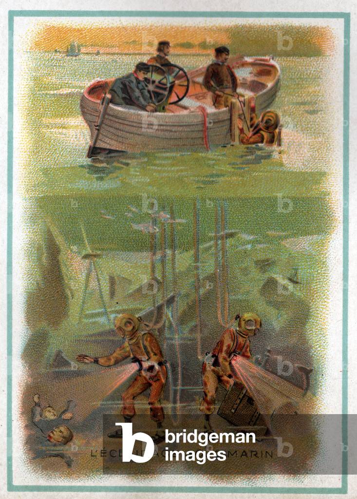 Underwater scaphandrier using flashlights. ca. 1900 (lithograph)