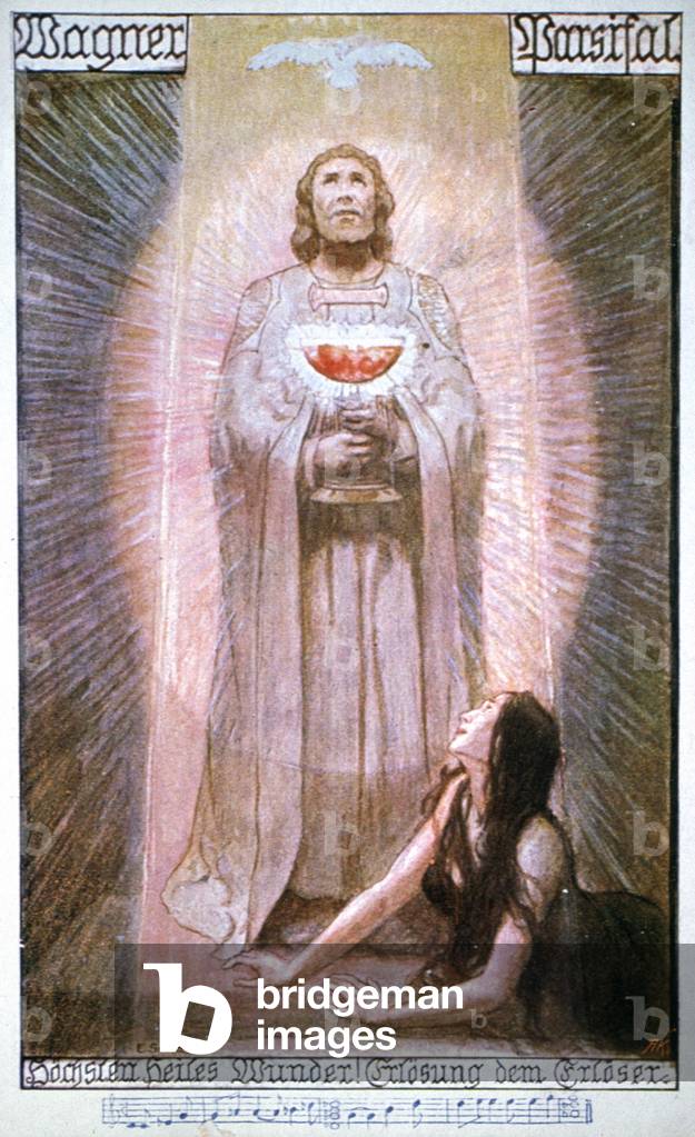 Parsifal with Graal, Kundry dying, early 20th century (postcard)