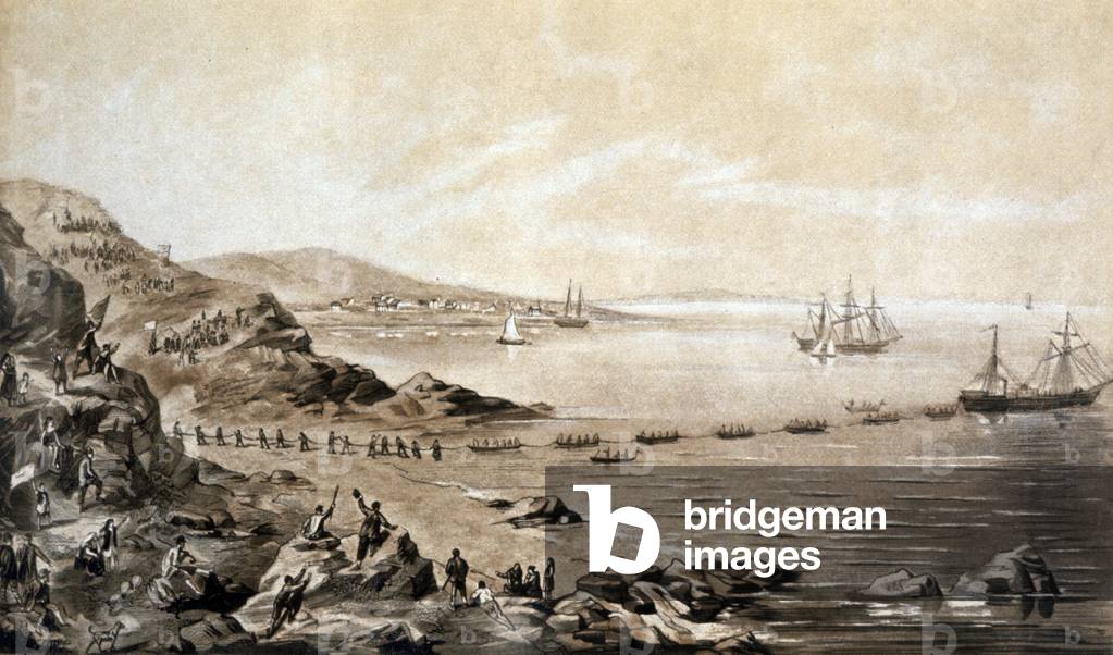 installation of the first transatlantic telegraphic cable between Ireland and Canada (1857) engraving by Albert Kruger c.1870