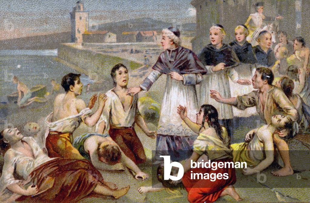Medicine. Great Plague of Marseille, 1722. Mgr de Belzunce, bishop of Marseille, with the sick men. Imagery (detail), France, c.1900.