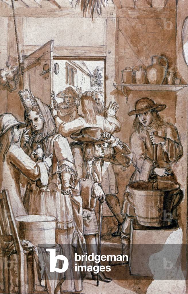 Merchant of theriac at an apothecary, 18th century (sepia wash)