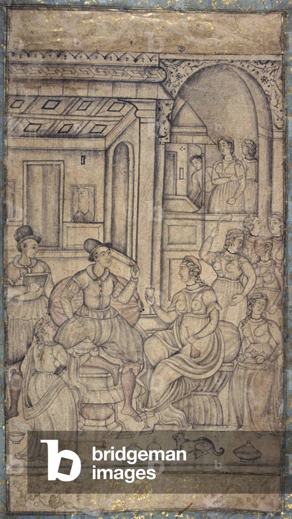 Portuguese sailors with prostitues in Indies, 16th century (drawing)