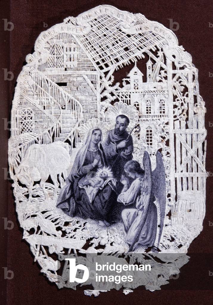 The crib : birth of the Christ, french pious picture, mid 19th century