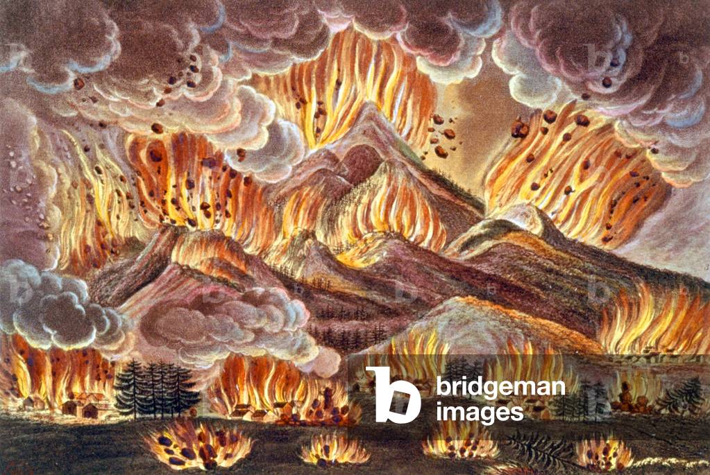 eruption of volcano Asama Yama in Japan in 1783, 1820 (engraving)