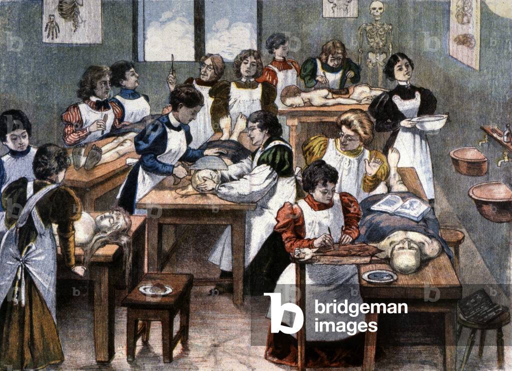 Female students at a dissection lesson in New York, 1897 (engraving)