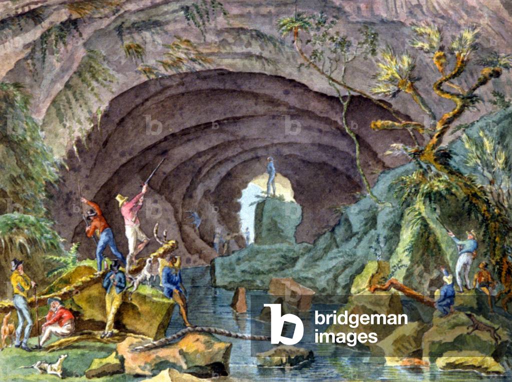 French settlers, hunters and slaves in caves, Reunion Island, 1811 (watercolour)