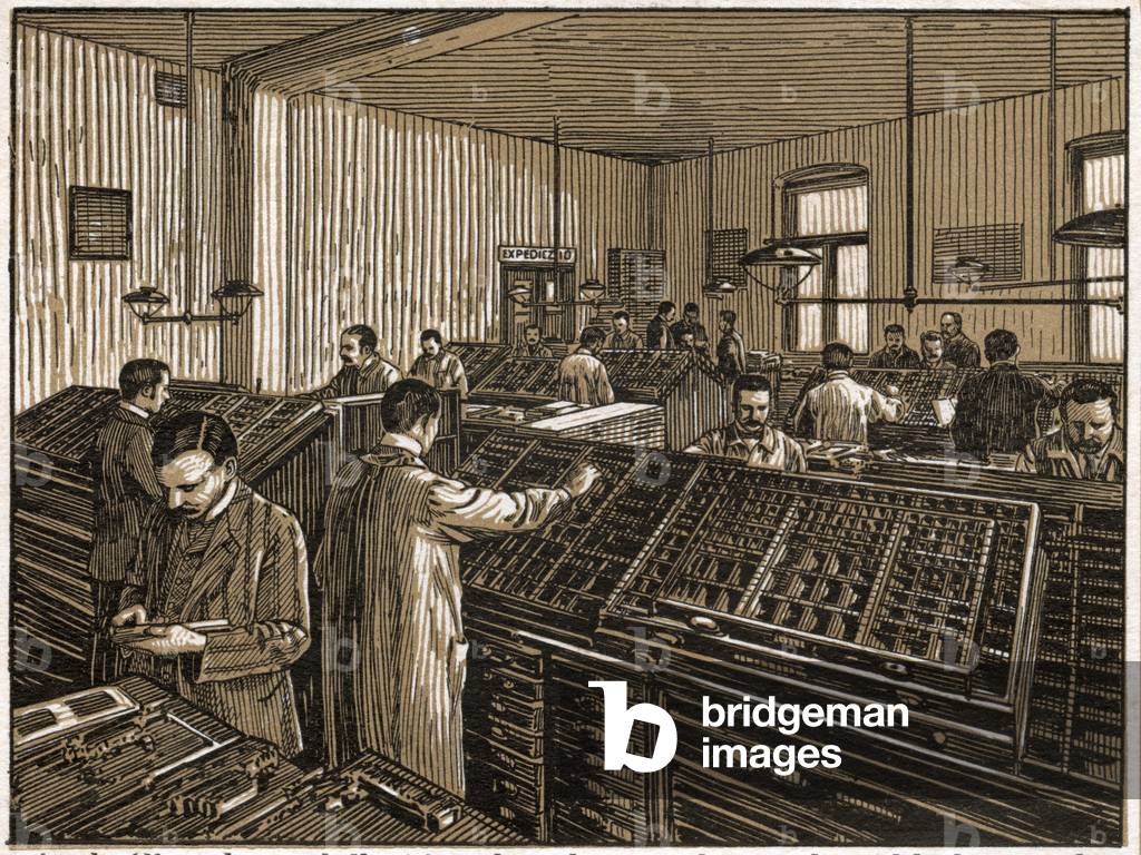 Printing shop in Budapest. (engraving, ca. 1910)