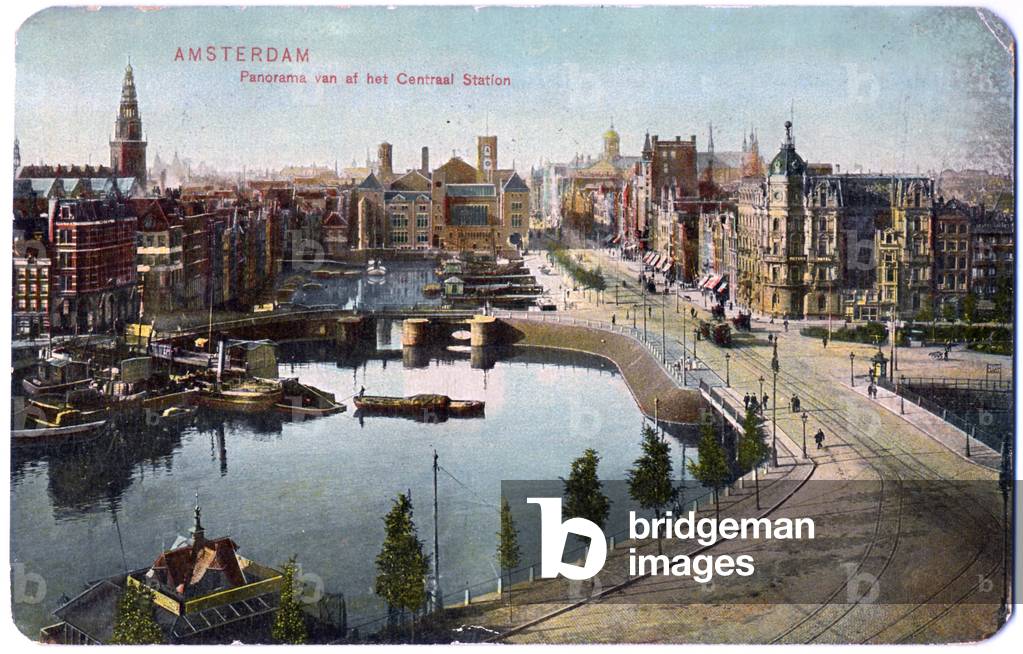 Geography. Netherlands. Amsterdam, Panorama from the Central Station. Postcard, Netherlands, c.1912 (postcard)