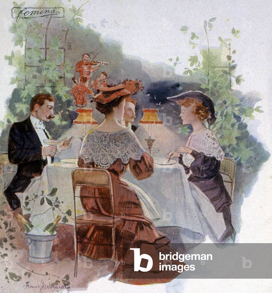 Dinner at a restaurant in the Bois de Boulogne, circa 1900 (illustration)