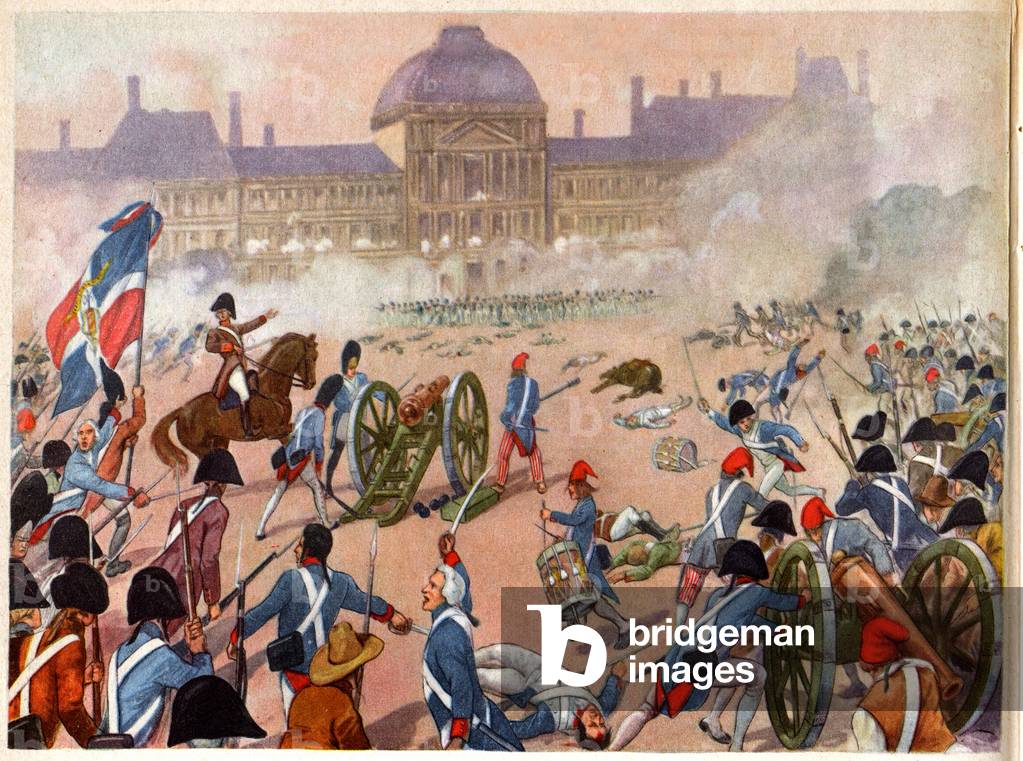 History. French Revolution. The revolutionnary troops takes the Tuileries, Paris, Aug., 10, 1792 Illustration in: Belles images d'histoire (schoolbook) , by H. Geron, France, c.1948 Coll. Part. (print)