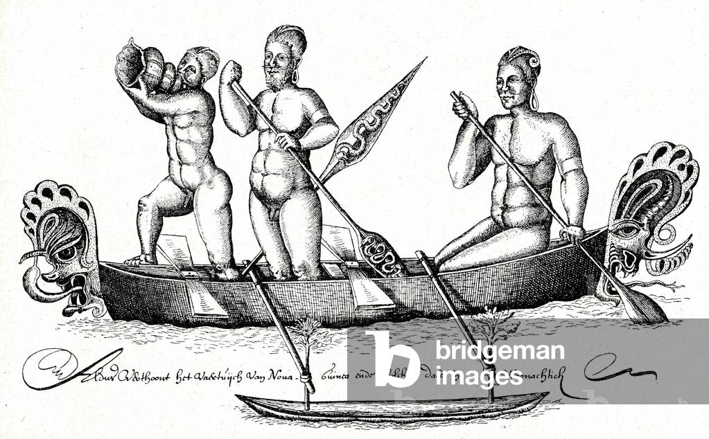 People from New Guinea in a pirogue, 17th century (engraving)