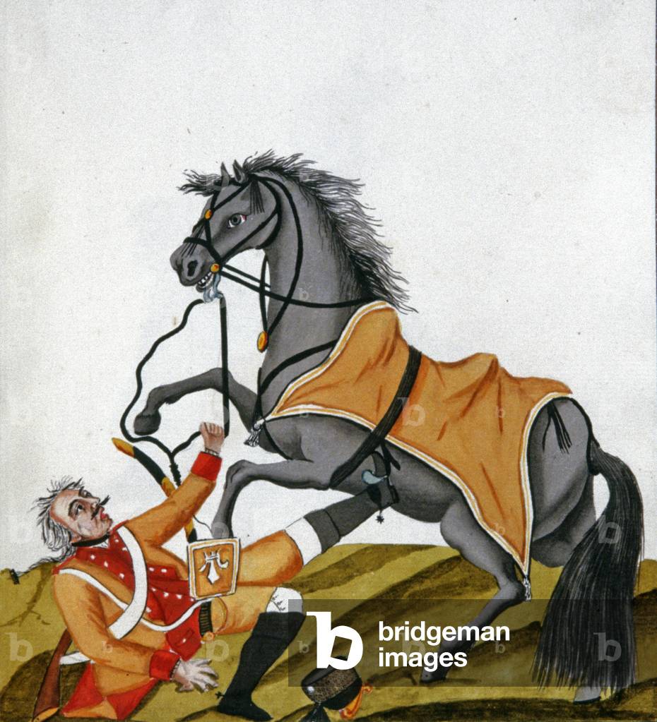 Horse trampling its rider, 5th Clermont Legion, 1768 (watercolour)