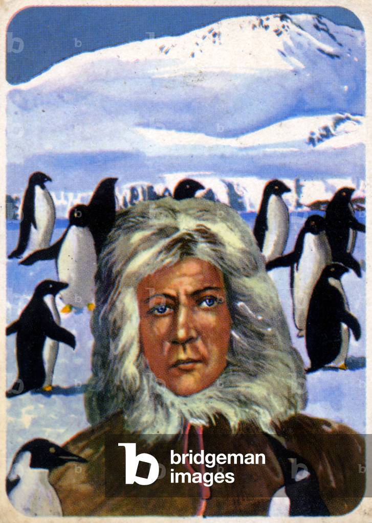 The norvegian explorer Roald Admunsen at the South Pole, c.1950 (print)