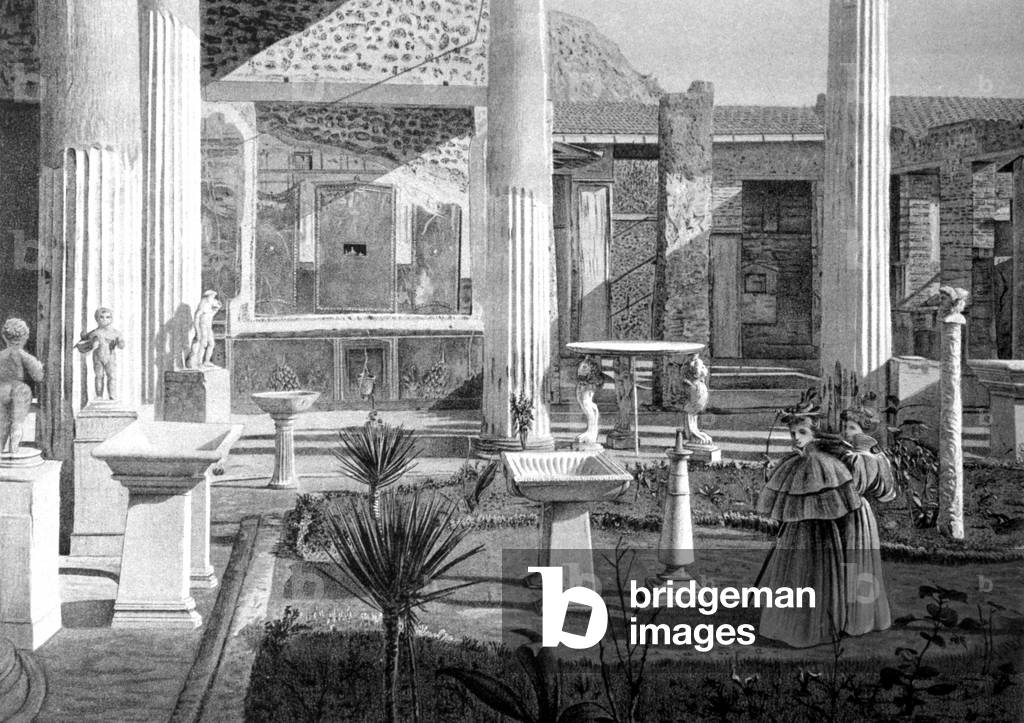 tourists visiting the ruins of Pompeii early 20th century (drawing)