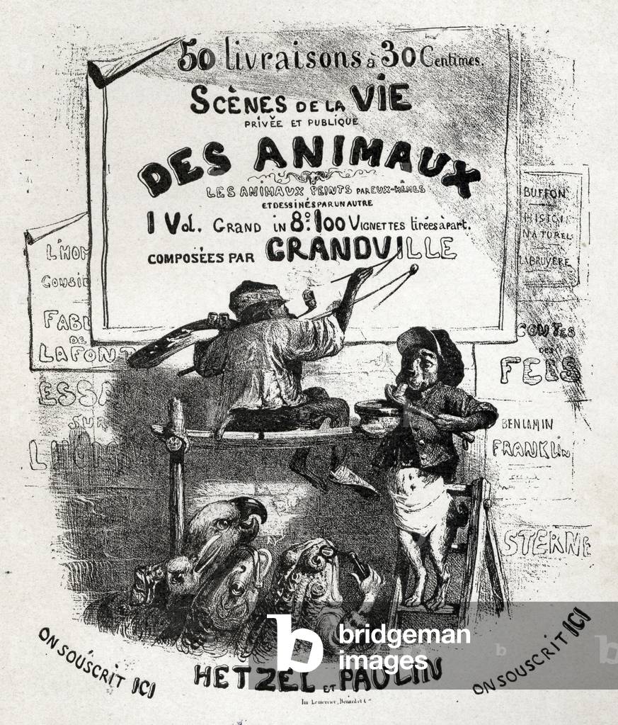 Art. The Public and Private Life of Animals, by french caricaturist Jean Jacques Grandville. Poster for a fascicule's edition, France, 1842 (poster)