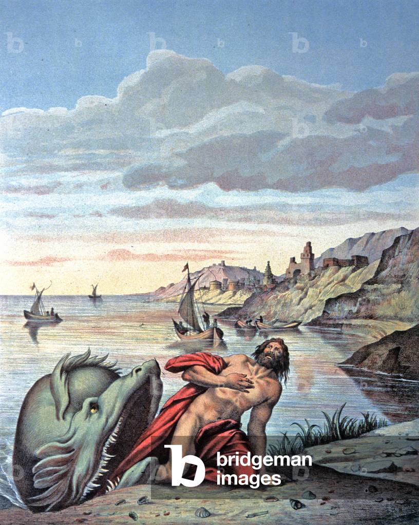 Jonas comes out of the whale's belly, mid 19th century (illustration)