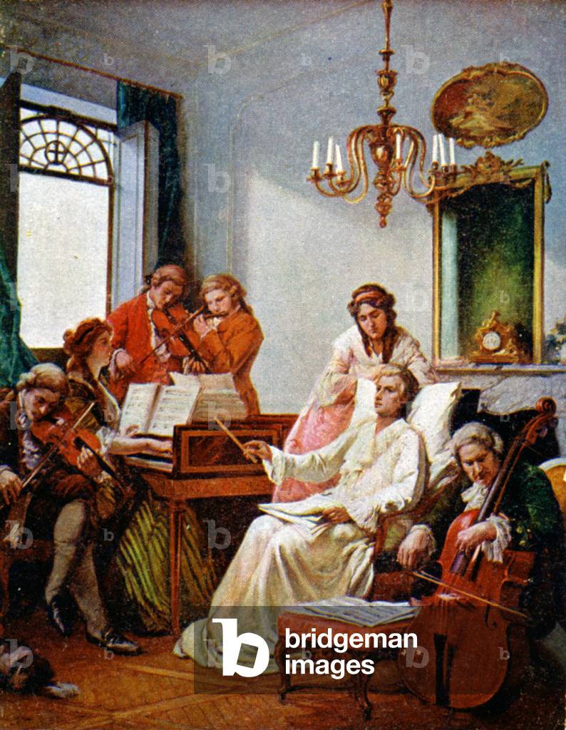 Music. Wolfgang Amadeus Mozart dying and composing his Requiem (1791). Illustration, Czech Republic, c.1900 (postcard)