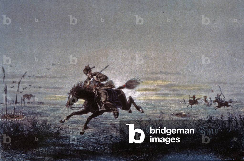 Trapper chased by Indians, 2nd half of the 19th century (Engraving)