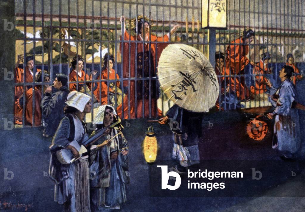 Geishas on display, in the district of Yoshiwara, Tokyo, c.190 (illustration)